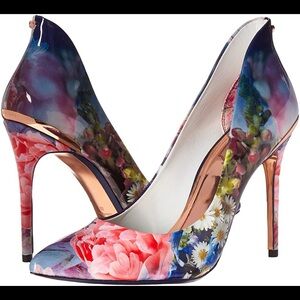 Ted Baker floral print stiletto court pumps with a metallic sole and pointed toe